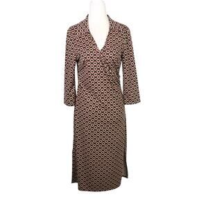 Vintage 90s Ruby black and tan geometric print wrap midi dress L